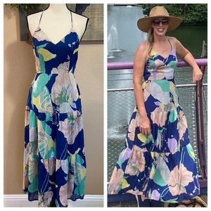 Lulus Hours of Flowers Blue Multi Floral Lace-Up Tiered Midi Dress